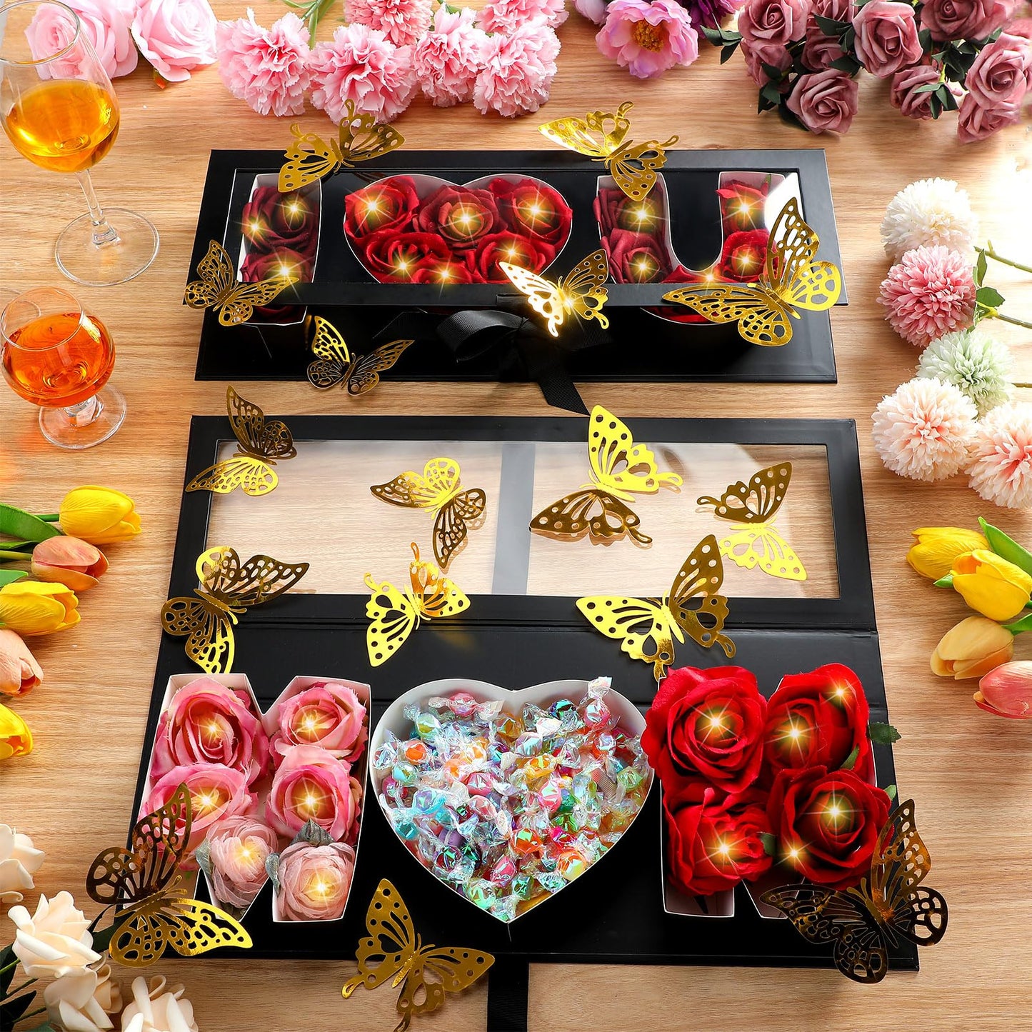 Vertintong 2 Sets Mother's Day Gift Empty Mom Fillable Flower Gift Boxes I Love U Cardboard Letter Shaped Fillable Packaging Box with 24 Pcs Gold Butterfly Decoration for Mother's Day Birthday(Black)