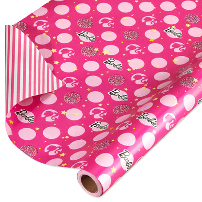 American Greetings 75 sq. ft. Reversible Barbie Wrapping Paper for Birthdays and All Occasions, Stars, Polka Dots and Stripes (1 Roll, 30 in. x 30 ft.)