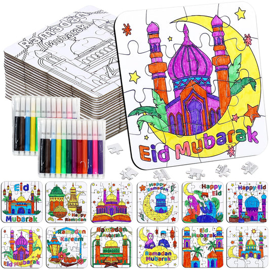 Ramadan Crafts for Kids, Eid Mubarak Arts and Crafts DIY Puzzle with Lanterns, Stars, Masjid, Moon, Castles, Ramadan Eid Activities Painting Kits for Islamic Gifts Party Favors & Goodies Bulk