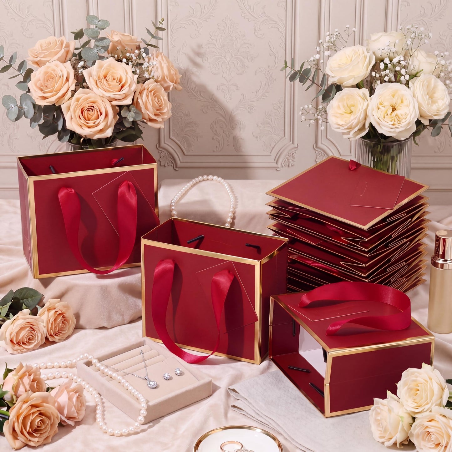 Yeaqee 50 Pcs Mini Metallic Paper Gift Bags with Handle 4.75x2.25x4'' Small Gift Bag DIY Tag Thank You Party Favor for Graduation Father's Day Wedding Baby Shower Birthday Jewelry (Burgundy Red,Gold)