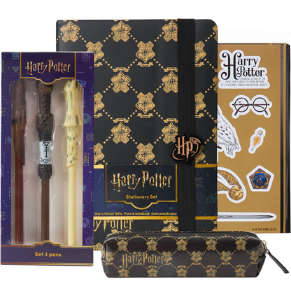 Get Trend Harry Potter Gifts Stationary Set with Cute Notebook Ball Point Wand Pens Pencil Case Stickers Cute Stuff Hogwarts Journal Accessories (Black Harry Potter)