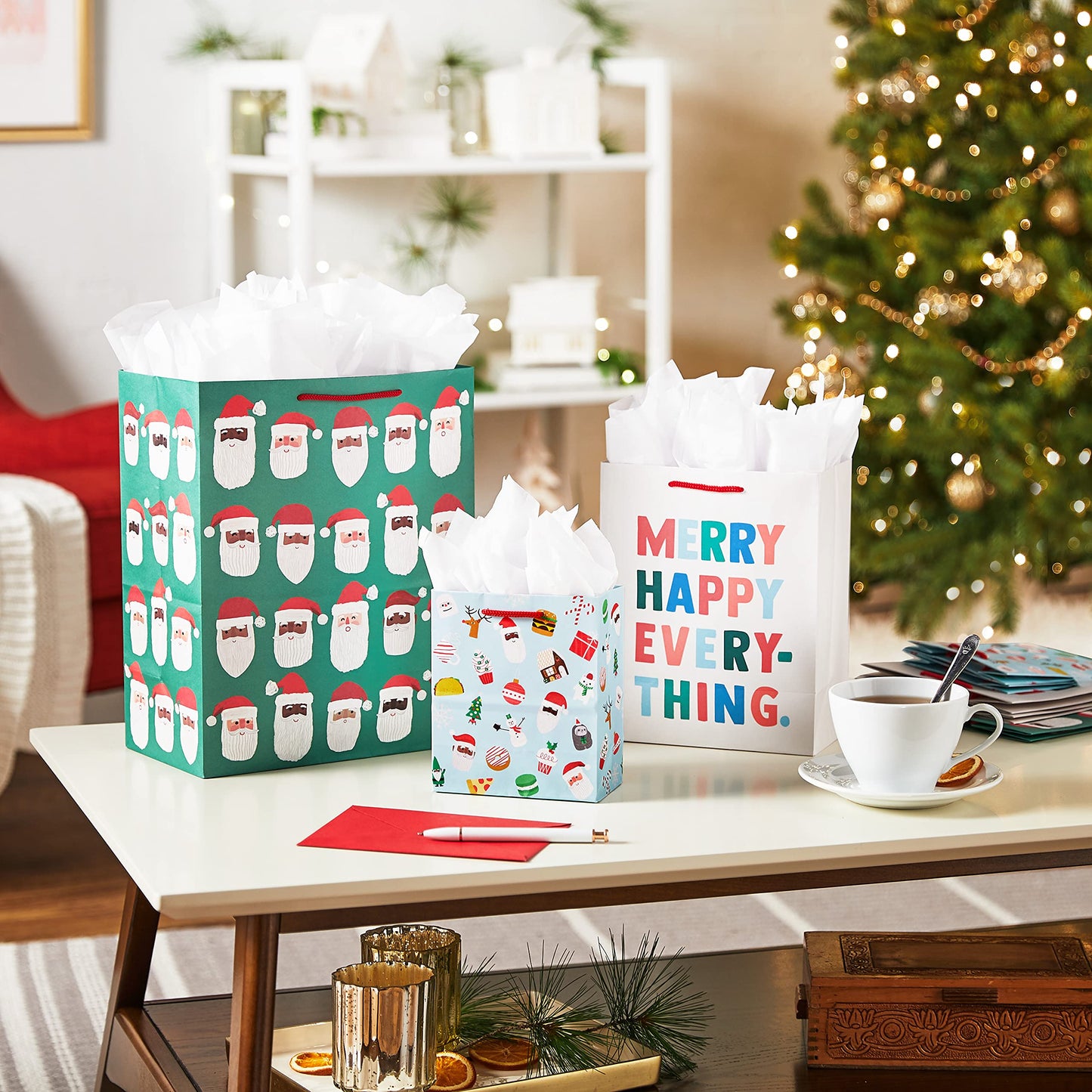 Hallmark Christmas Gift Bag Assortment (8 Holiday Bags; 3 Small 6", 3 Medium 9", 2 Large 13") Multicultural Santa Claus, Merry Happy Everything, Tacos, Donuts, Pizza, for Kids, Teachers, Foodies