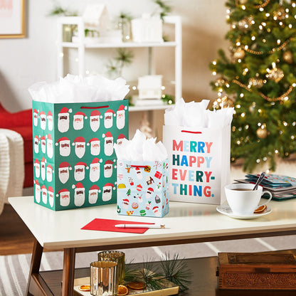Hallmark Christmas Gift Bag Assortment (8 Holiday Bags; 3 Small 6", 3 Medium 9", 2 Large 13") Multicultural Santa Claus, Merry Happy Everything, Tacos, Donuts, Pizza, for Kids, Teachers, Foodies