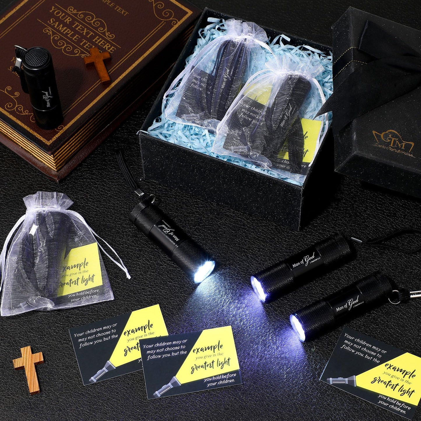 Coume 30 Sets Man of God Fathers Day Pocket Flashlight Gifts for Church Small Pocket Light Bible Verse Cards Motivational Quote Card and Organza Bags Thank You Gifts for Dad Husband Paster