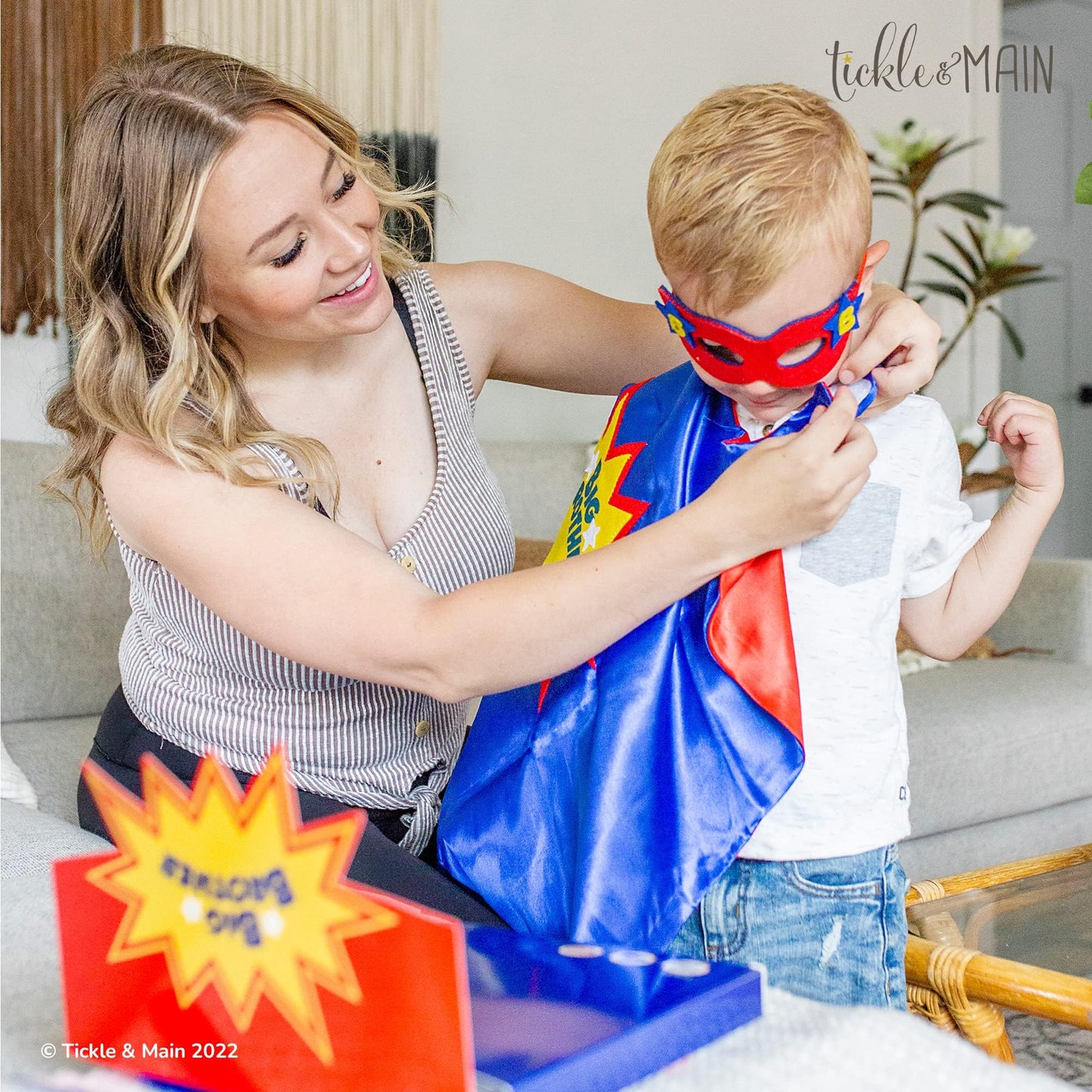 Tickle & Main Big Brother Gifts for Boy - 3-Piece Satin Superhero Cape & Mask with Storybook, Ages 2+, X-Large, Blue/Red/Yellow - Big Brother Superhero Cape Gift