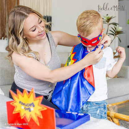 Tickle & Main Big Brother Gifts for Boy - 3-Piece Satin Superhero Cape & Mask with Storybook, Ages 2+, X-Large, Blue/Red/Yellow - Big Brother Superhero Cape Gift