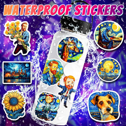Yoksas 50Pcs Van Gogh Starry Night Artistic Small Stickers - Vinyl Waterproof Aesthetics Sunflowers Oil Painting Stickers for Water Bottles,Scrapbook,Laptops,Luggage,Journals