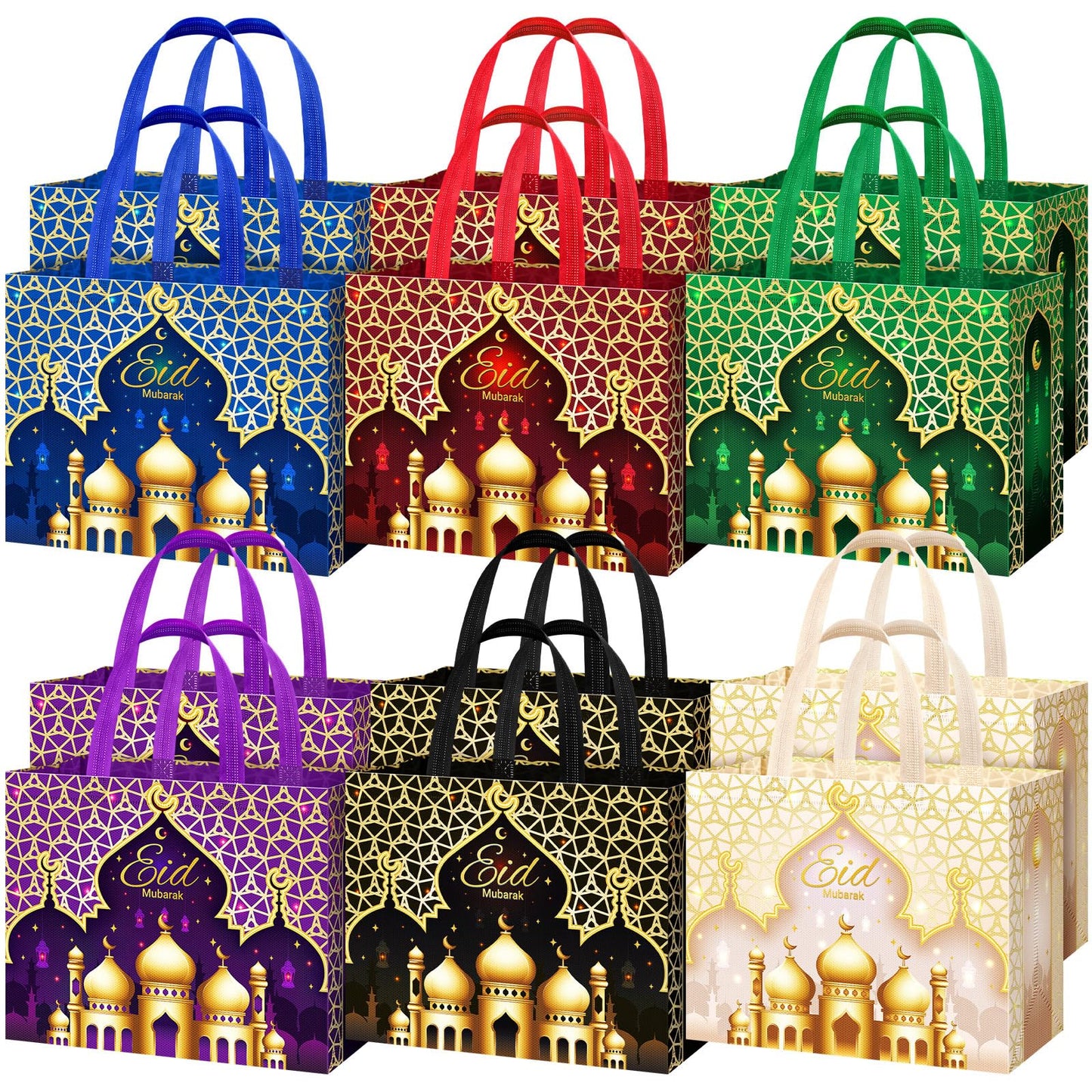Yoojahow 12 Pcs Eid Mubarak Gift Bags with Handles 12.6 x 9.8 x 6.7 Inch Large Reusable Ramadan Tote Bags Eid Mubarak Non-Woven Treat Goodie for Gifts Wrapping Shopping Ramadan Party Supplies