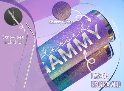 Onebttl Gammy Gifts for Grandma's Mother's Day, 20oz Purple & Blue Glitter Skinny Tumbler, Straw & Lid Included, Christian Gifts for Blessed Gammy