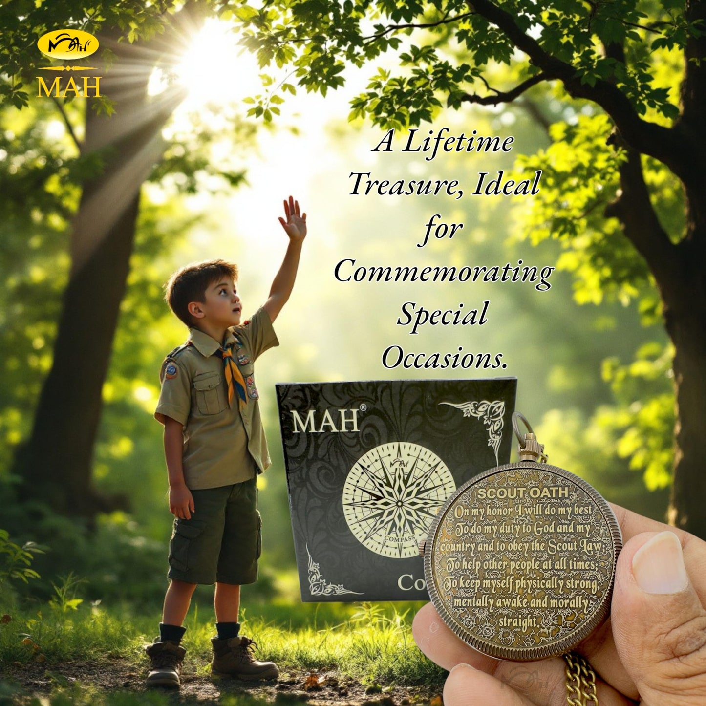 Scout Compass with Oath Message – Solid Brass Pocket Compass for Boys, Teens & Scouts | Inspirational Keepsake Gift for Eagle Ceremony, Graduation, Hiking, Camping, Outdoor Adventures, Promotion Gift