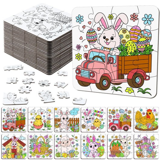 Realspring 24 Pack Color Your Own Jigsaw Puzzles for Kids Coloring Puzzles DIY Paper Jigsaw Bulk Party Favors Gifts Exchange Classroom Activities Home Educational Game Toy (Bunny)