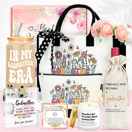 Godmother Proposal Gift Will You Be My Godmother Gift Ideas God Mother Gifts for Women Birthday God Mommy Proposal Gifts from Godchild Fairy Godmom Accessories Include Tote Bag, Glass Cup, Wine Bag