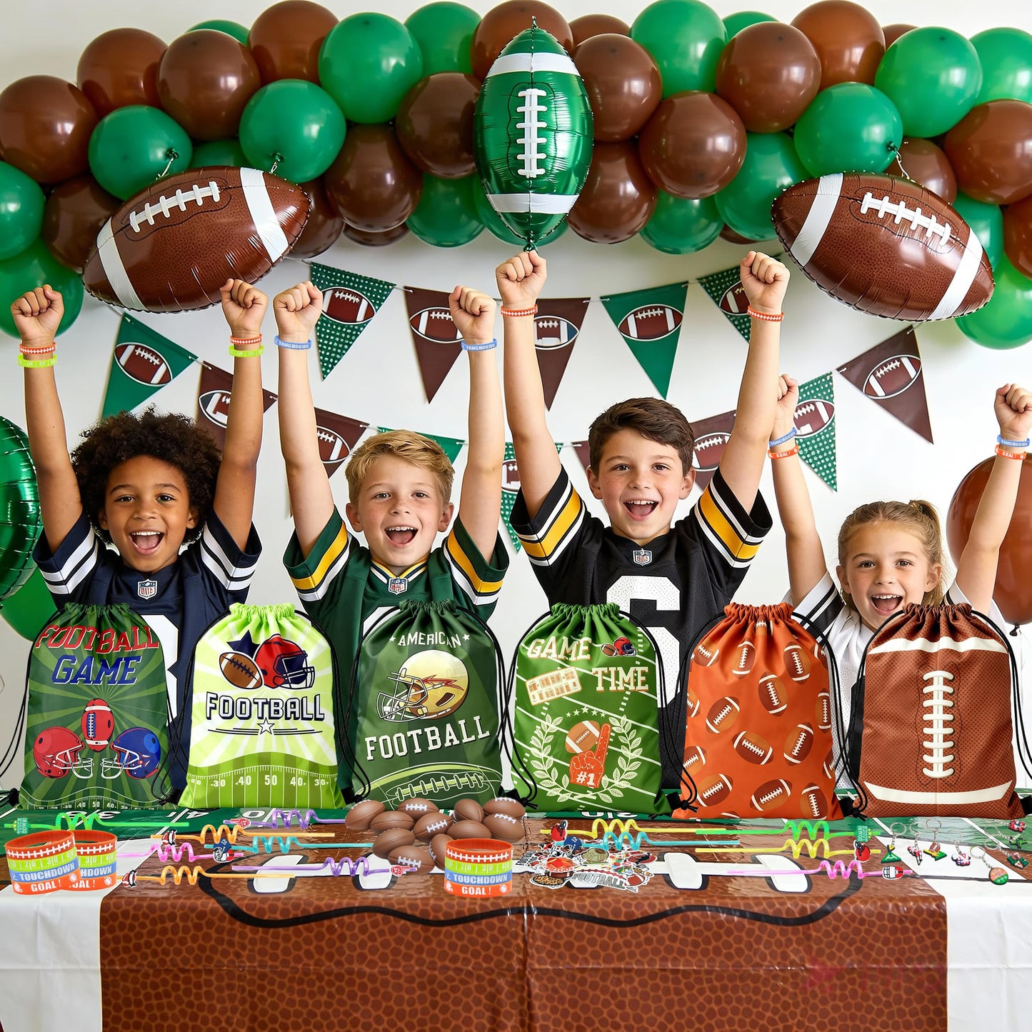 J6&H6 110 Pcs Football Party Favors Football Goodie Bags Including 12 Football Drawstring Bags Stress-relieving Football Straws Keychains silicone Wristband and stickers for FootballParty Gift.