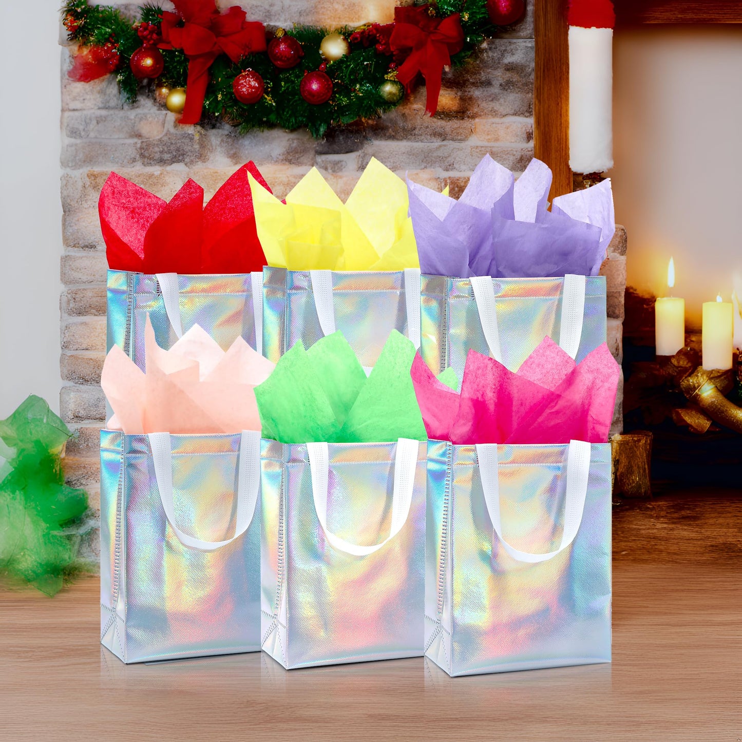KeerxunBag 12pcs Reusable Gift Bags（Includes Tissue Paper） Gift bag with handle Birthdays Parties Holidays Weddings Medium 10x4x8in colorful