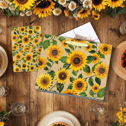 Large Sunflower Gift Bag with Tissue Paper and Greeting Card Yellow Sunflower Party Favor Bags Decorations Floral Sunflower Treat Candy Paper Bag Sunflower Wrapping Paper for Wedding Birthday Gift