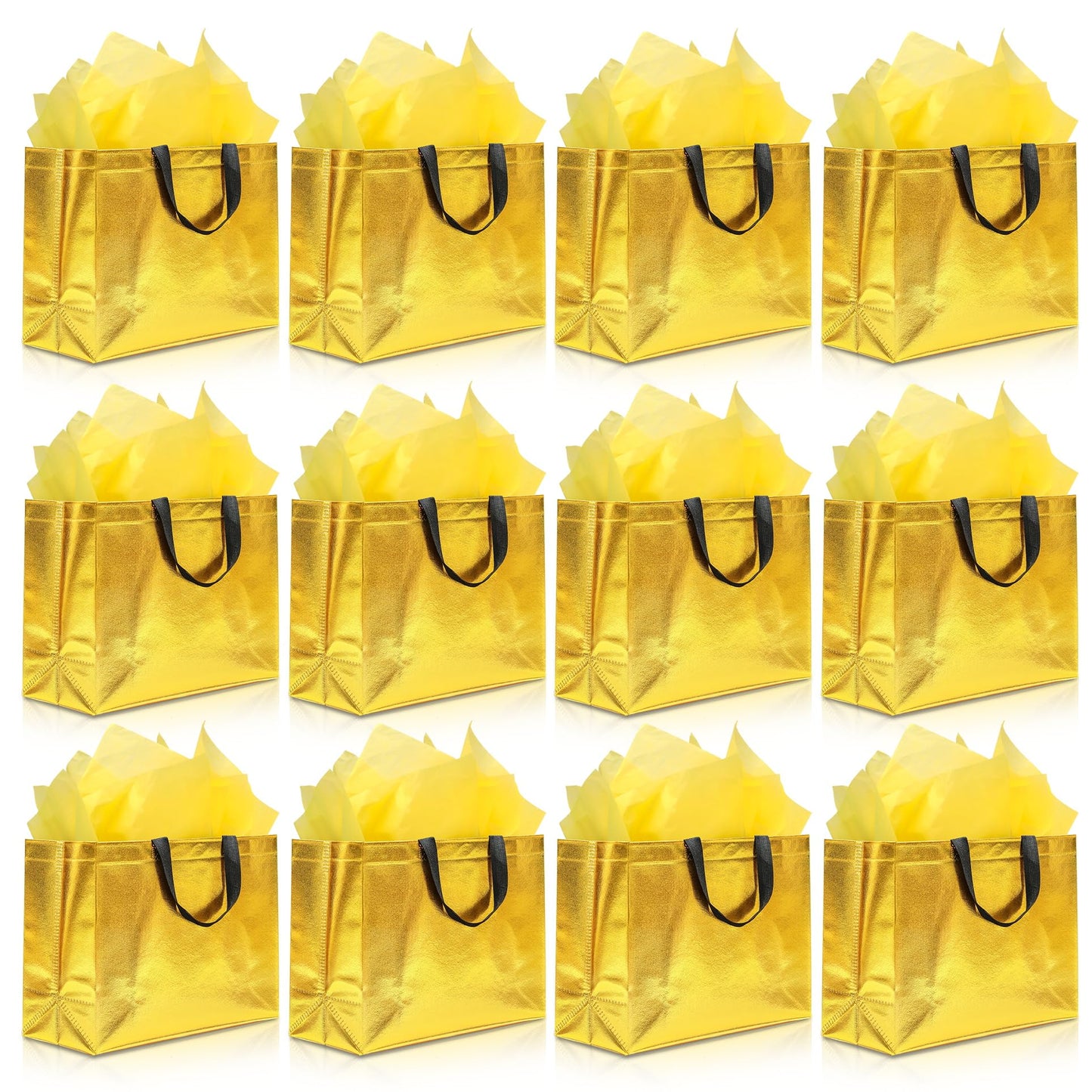KeerxunBag 12Pcs Reusable Gift Bags（Includes Tissue Paper） Gift bag with handle Birthdays Parties Holidays Weddings Medium 13x5x11in Golden Yellow Gift Bags