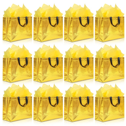 KeerxunBag 12Pcs Reusable Gift Bags（Includes Tissue Paper） Gift bag with handle Birthdays Parties Holidays Weddings Medium 13x5x11in Golden Yellow Gift Bags