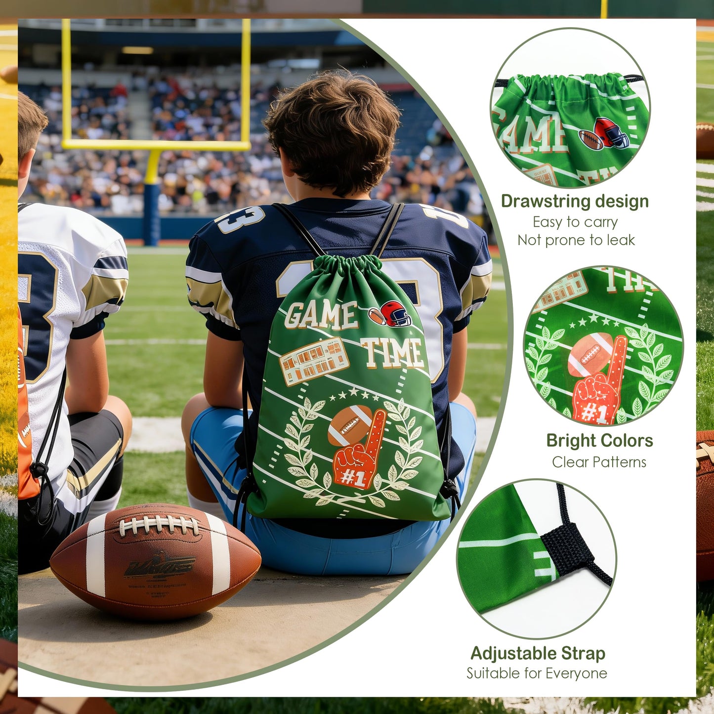 J6&H6 110 Pcs Football Party Favors Football Goodie Bags Including 12 Football Drawstring Bags Stress-relieving Football Straws Keychains silicone Wristband and stickers for FootballParty Gift.