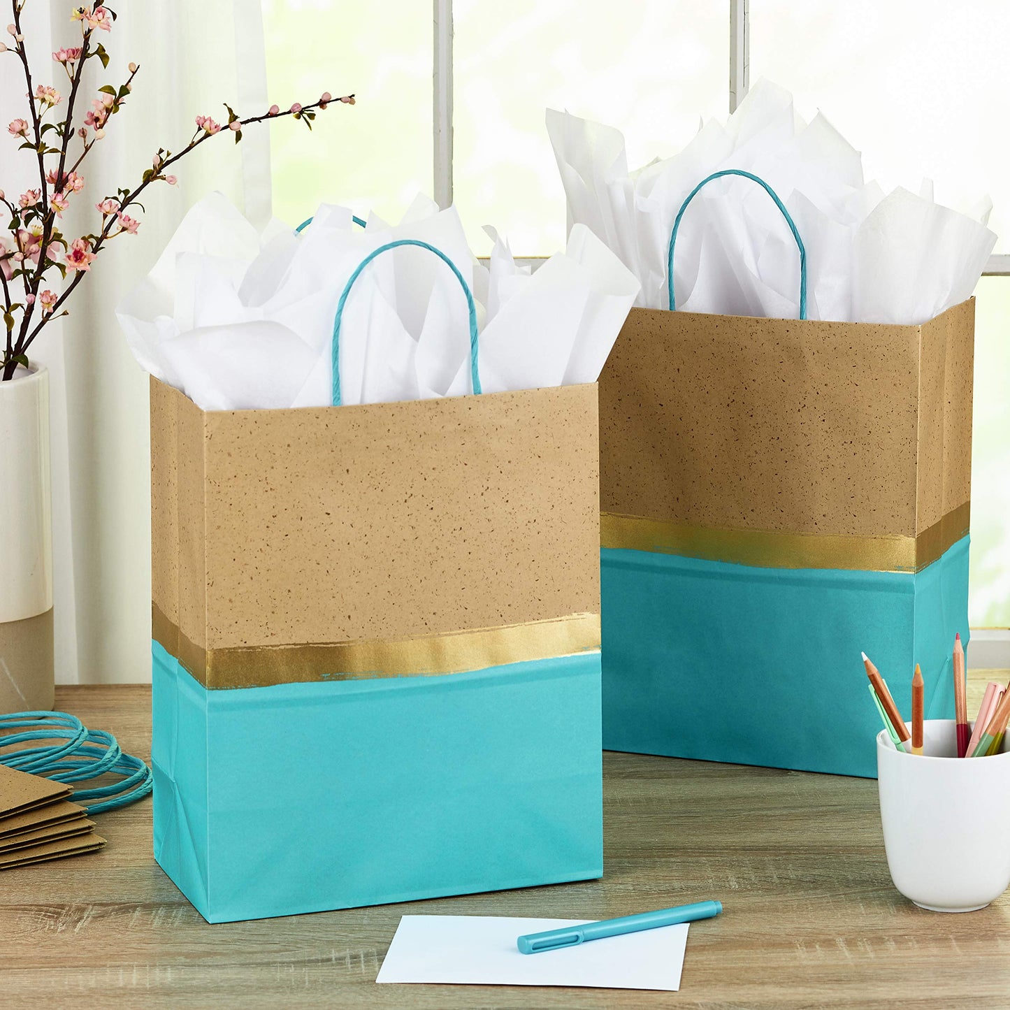 Hallmark 13" Large Paper Gift Bags (Pack of 6 - Turquoise & Kraft) for Birthdays, Easter, Weddings, Mother's Day, Baby Showers, Bridal Showers or Any Occasion