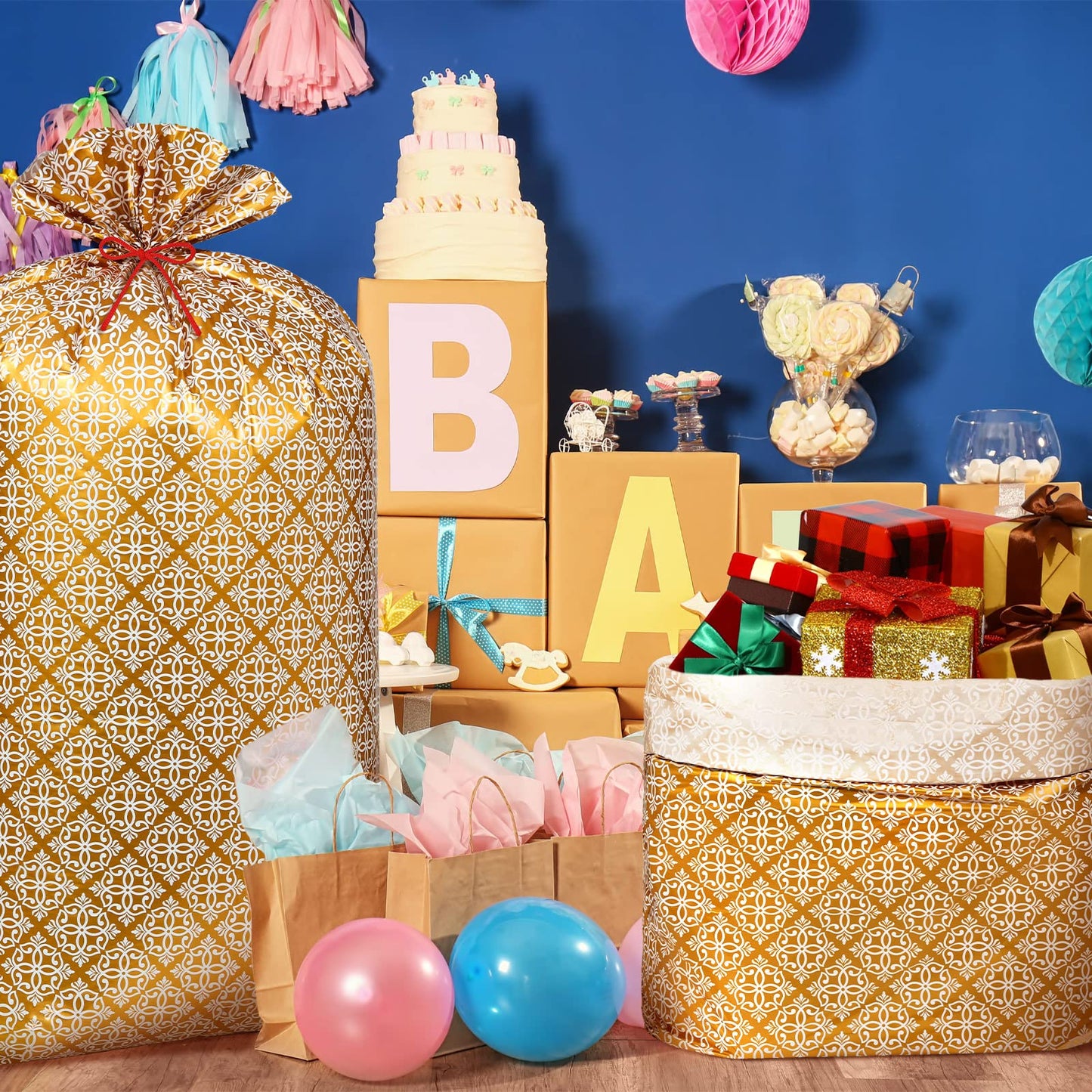 Leinuosen 2 Pcs 70 Inches Jumbo Gift Bag Large Golden Plastic Gift Bag Extra Large Wedding Bag Oversized Gift Bags with Ropes for Bachelorette Parties Bridal Showers Baby Shower (Texture)