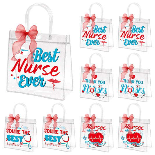 H1vojoxo Nurse Appreciation Gift Bags - 24PCS Nurse Clear PVC Gift Bags with Red Bow Ribbon Nurses Week Thank You Gifts Bag with Handles for Medical Assistant Healthcare Workers Best Nurses Ever