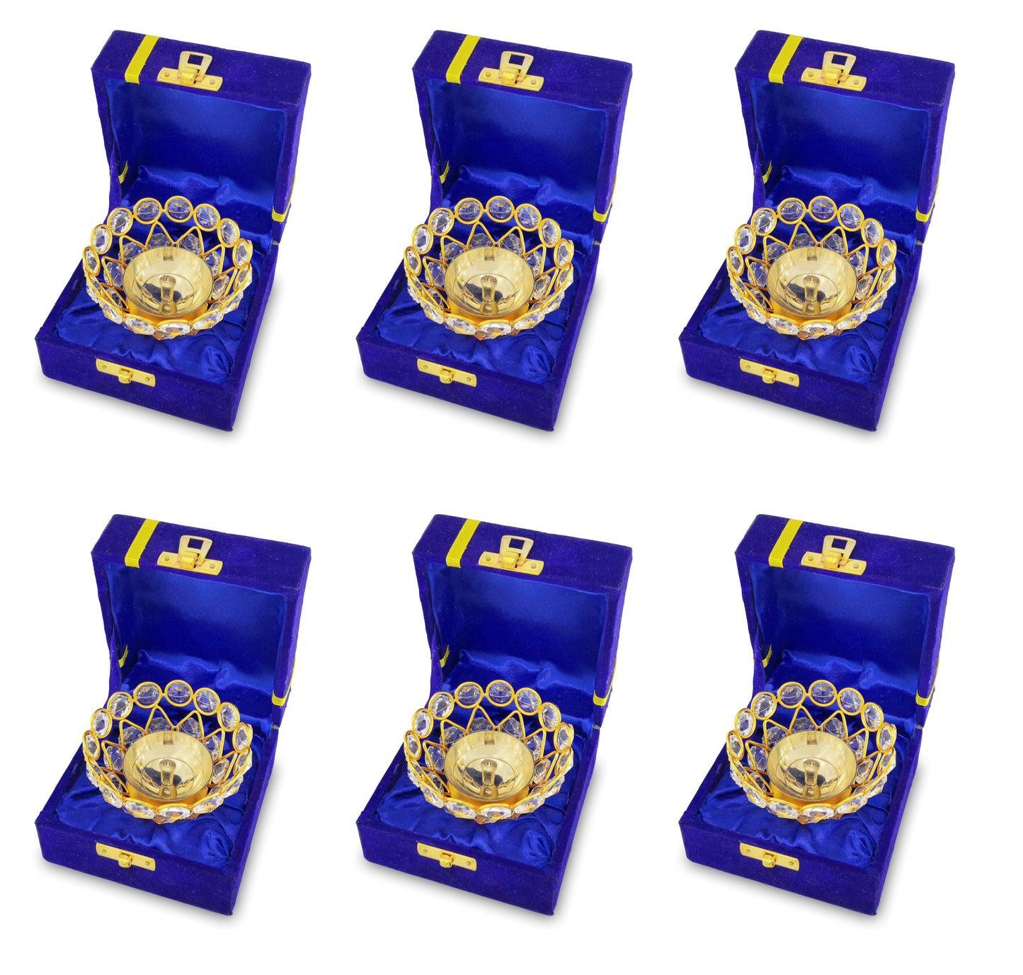 NOBILITY Gold Crystal Diya with Blue Velvet Gift Box Home Decoration Chrystal Piyali Dia Pooja Items Puja Gifts Handmade Oil Lamp Traditional Indian Dhanteras Deepawali Diwali Gift Items 6 Pcs