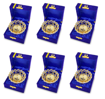 NOBILITY Gold Crystal Diya with Blue Velvet Gift Box Home Decoration Chrystal Piyali Dia Pooja Items Puja Gifts Handmade Oil Lamp Traditional Indian Dhanteras Deepawali Diwali Gift Items 6 Pcs