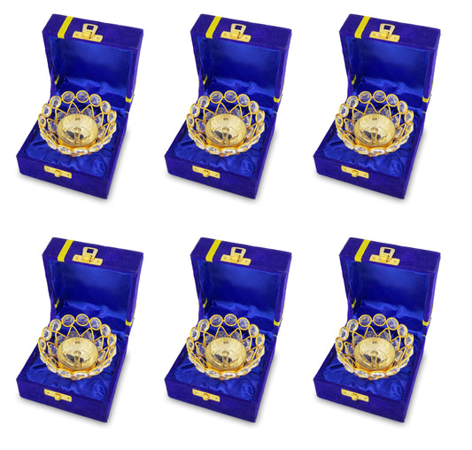 NOBILITY Gold Crystal Diya with Blue Velvet Gift Box Home Decoration Chrystal Piyali Dia Pooja Items Puja Gifts Handmade Oil Lamp Traditional Indian Dhanteras Deepawali Diwali Gift Items 6 Pcs