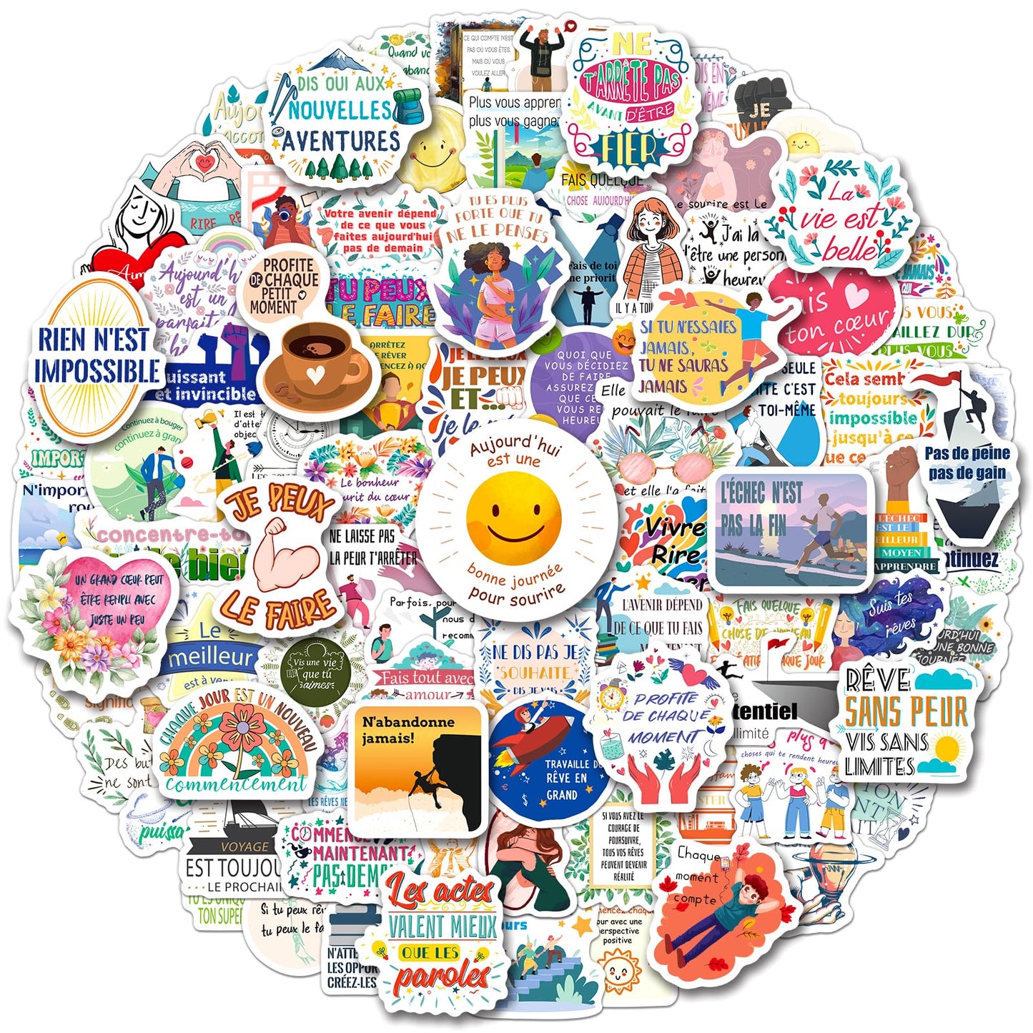 WAKEMOODEI 200 PCS French Inspirational Stickers for Teens Adults Kids, Motivational French Stickers for Students Teachers, Vinyl Positive Gifts Water Bottle Decals