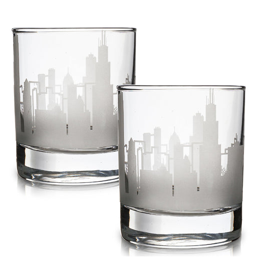 Greenline Goods Skyline Etched Chicago Whiskey Glasses Gift (Set of 2) | Old Fashioned Tumbler – For Chicago Lovers - Windy City Accessories and Souvenirs - Illinois Glassware Decor