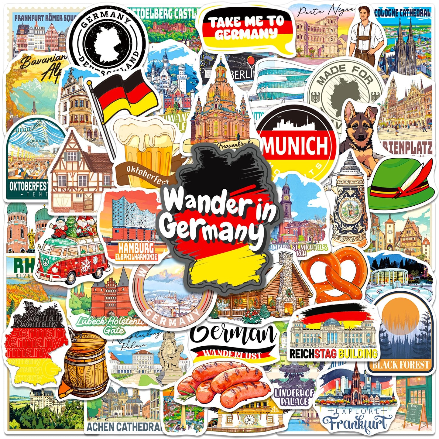 200PCS Germany Stickers, Waterproof German Travel Stickers for Luggage Water Bottles Laptops, German-Themed Gifts for Women Men, Germany Souvenir & Decor