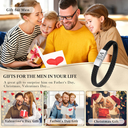 FOCOOG Leather Bracelets for Mens Gifts - Premium Genuine Leather Adjustable Stainless Steel Magnetic Clasp Mens Initial Bracelet, Unique Gifts for Men Husband Dad Son