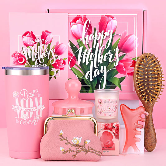 Gifts Box for Mom,Mothers Day Gift,Gift Basket for Mama Mother in Law,Birthday Presents from Daughter Son,Best Mom Ever Set Unique Thank You Gifts With Massage Comb,Tumbler,Coin Purse,Scented Candle