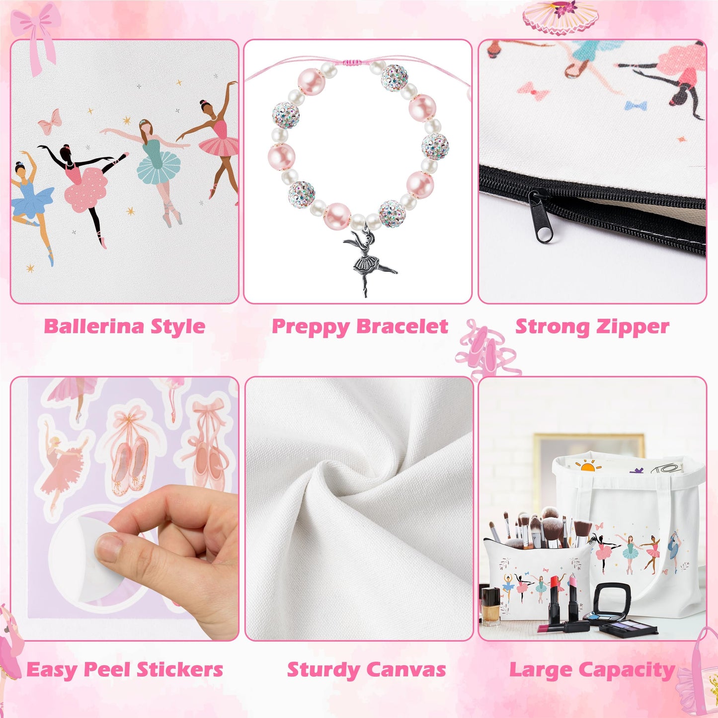Y1tvei Cute Ballerina Canvas Bags Kit- Ballet Dancing Girl Recital Gifts with Tote bag Makeup Pouch Stickers Bracelet Card
