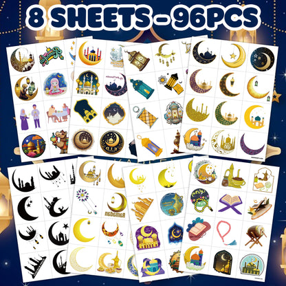 96 PCS Funny Happy Eid Al Adha Ramadan Kareem Mubarak Pre-cut Temporary Tattoos Sticker Birthday Moon Star Party Decorations Supplies Favors Boys Girl Cute Fake Tattoo School Reward Themed Festival