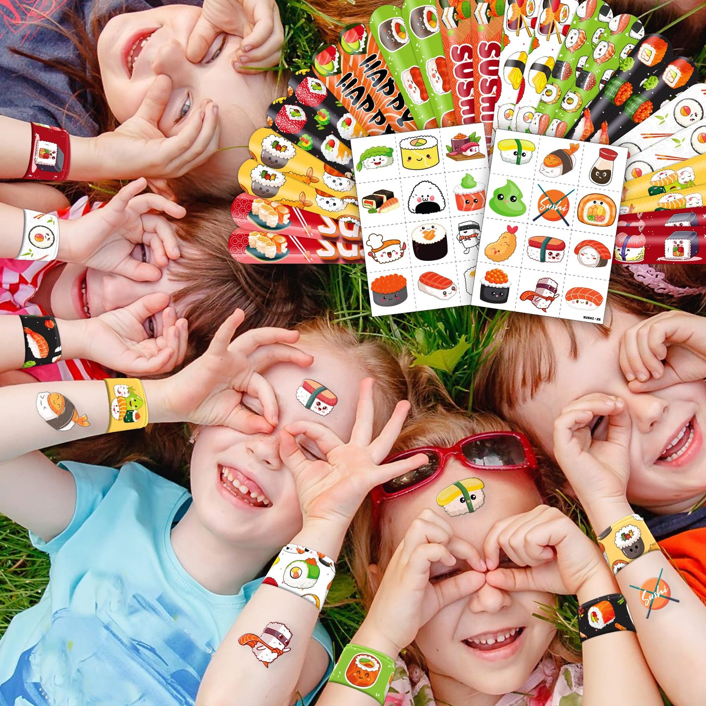48PCS Sushi Party Set - 24PCS Temporary Pre - cut Tattoos & 24PCS Slap Bracelets - Fun Food-Themed Birthday Supplies, Baby Shower Gifts, Classroom Rewards & Party Decor for Kids (Boys & Girls)