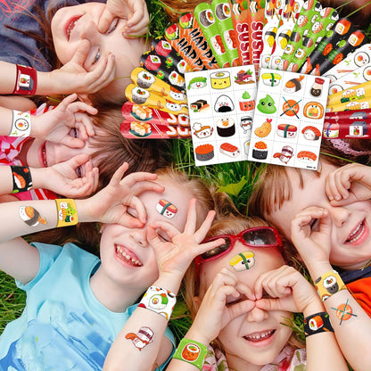 48PCS Sushi Party Set - 24PCS Temporary Pre - cut Tattoos & 24PCS Slap Bracelets - Fun Food-Themed Birthday Supplies, Baby Shower Gifts, Classroom Rewards & Party Decor for Kids (Boys & Girls)