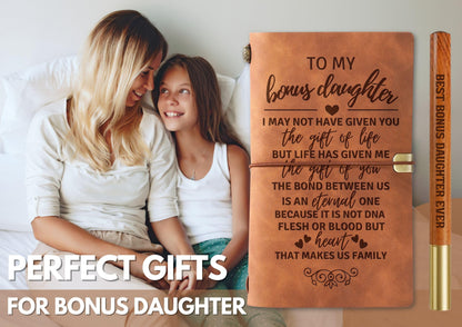 InnoBeta Bonus Daughter Gifts, To My Bonus Daughter Journal Notebook with Pen, Refillable Sketchbook, Travel Diary, Lined Planner, 7x5 Inches, Brown