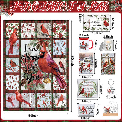 Buryeah 10 Pcs Cardinal Gift Set Sympathy Memorial Bird Present Box Include 60'' x 50'' Blanket Pillowcase Mug Makeup Bag Candle Keychain Decorative Stand Gift for Mother