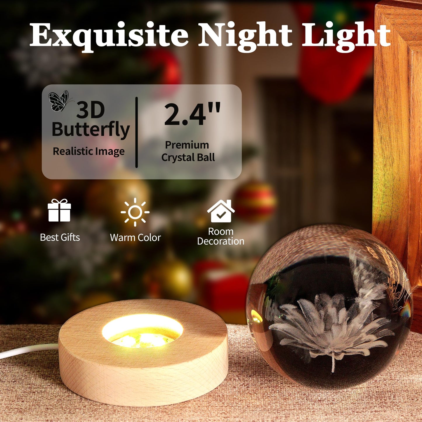 Butterfly Ideal Gifts for Mom, Butterfly Lover, Girlfriend, 2.4In Cute Crystal Ball Lamp with Wooden Base, Birthday, Mothers Day Gifts, Cute Butterflies Decor for Home Office Bedroom