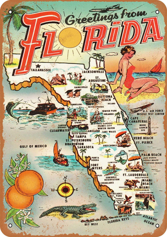 Vintage Retro Collectible tin Sign - 1954 Greetings from Florida -Wall Decoration 12x8 inch Poster Home bar Restaurant Garage Cafe Art Metal Sign Gift