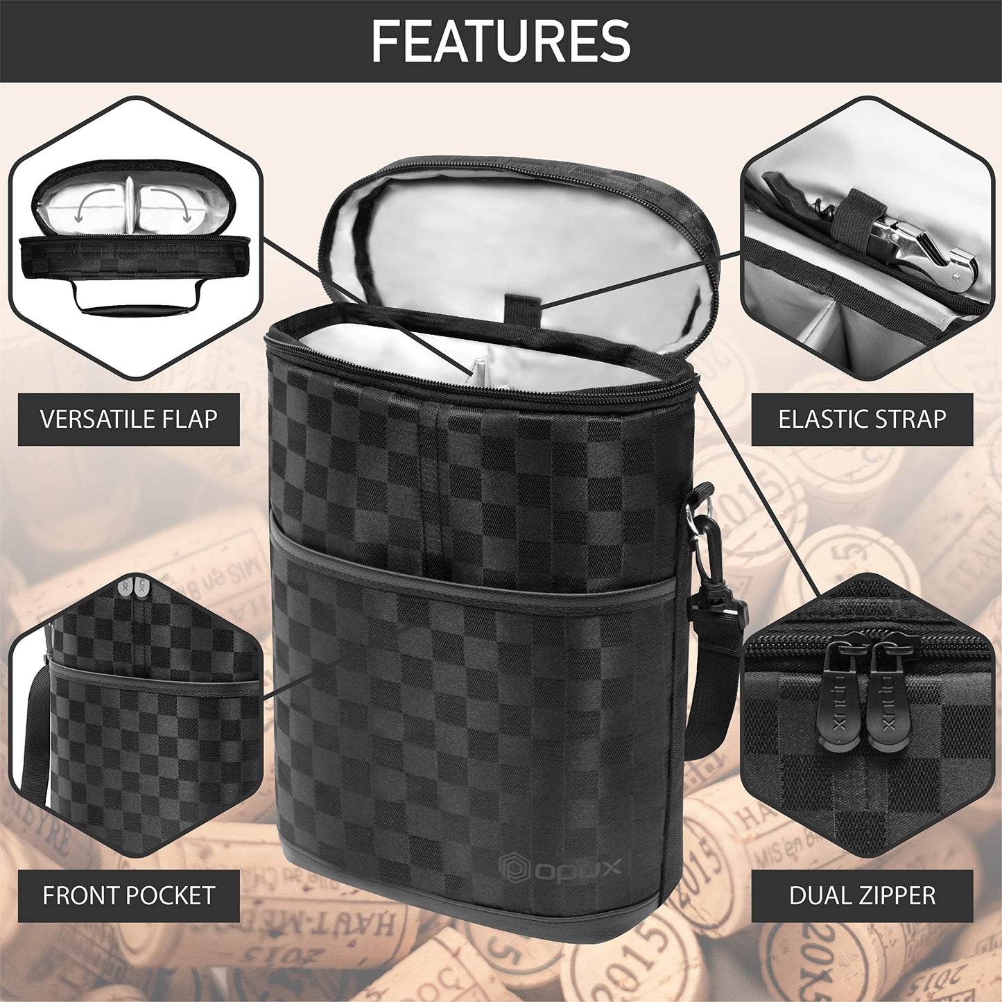opux 2 Bottle Wine Carrier Tote, Insulated Leakproof Wine Cooler Bag, Wine Travel Bag Tote for Picnic BYOB Beach, Portable Wine Bottle Carrying Case, Gift for Wine Lover Women Men Christmas