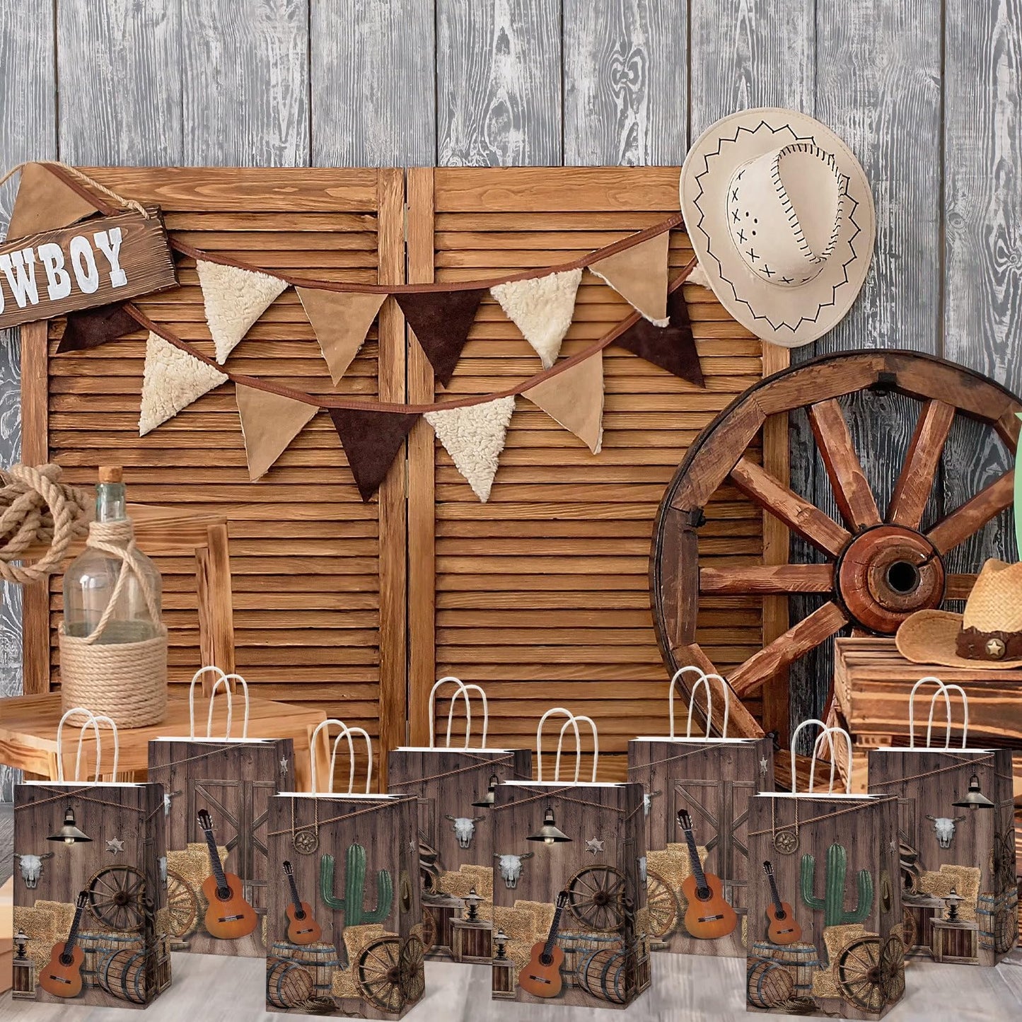 12 PCS Cowboy Party Favor Bags Western Paper Gift Goodie Candy Treat Bags Bulk with Handle Wild West Rodeo Birthday Party Decorations for Cowgirl Kids Boys Baby Shower Bachelorette Supplies Favors