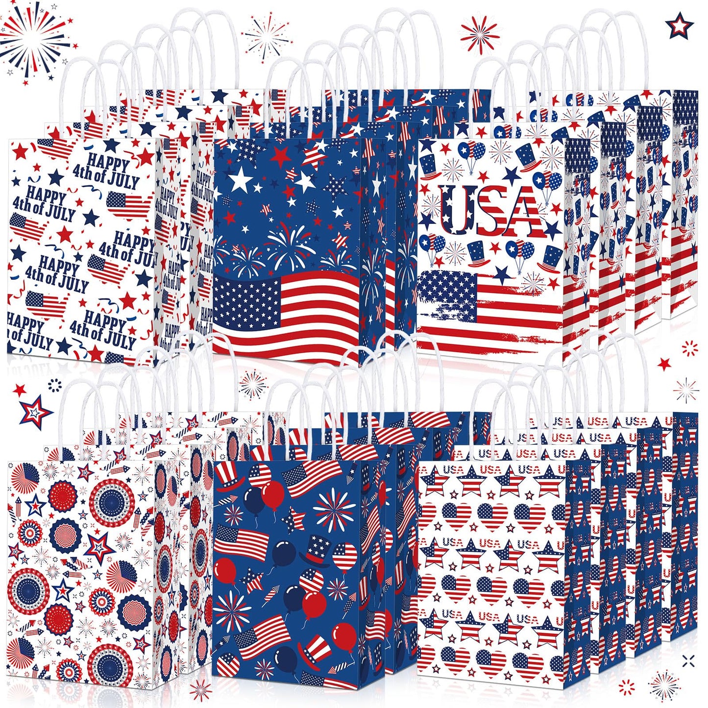 Glenmal 24 Pcs 4th of July Gift Bags with Handle Patriotic Red Blue White Gift American Flag Paper Candy Treat Goodie Bags for Wrapping Memorial Day Independence Day Party Favor