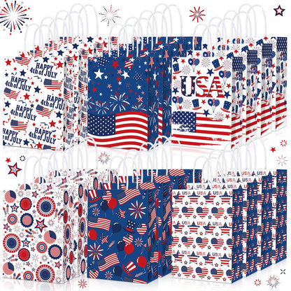 Glenmal 24 Pcs 4th of July Gift Bags with Handle Patriotic Red Blue White Gift American Flag Paper Candy Treat Goodie Bags for Wrapping Memorial Day Independence Day Party Favor
