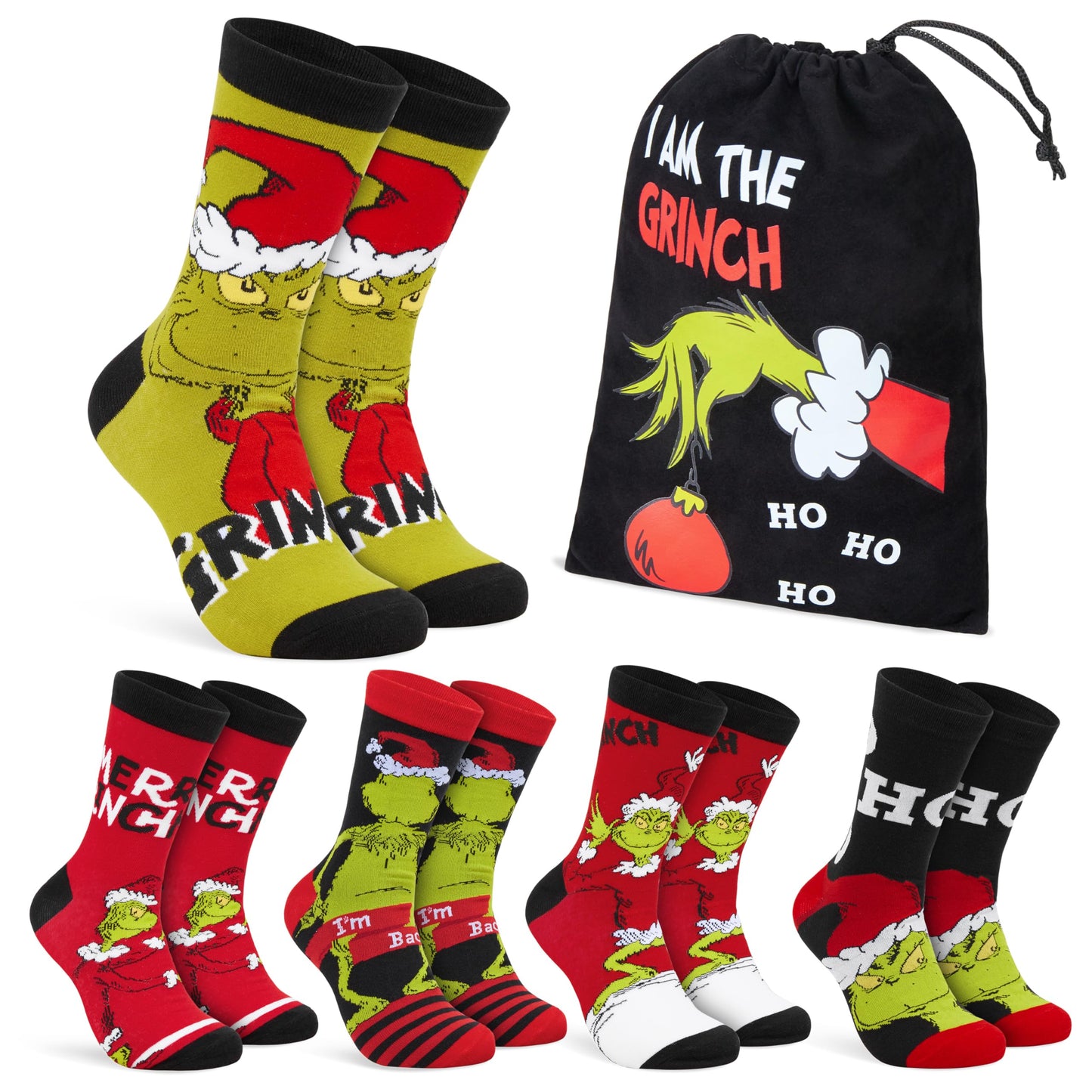 The Grinch Socks for Men & Teens Size 7-11, Pack of 5 or 6 Soft Breathable Crew Socks, Xmas Gifts for Him