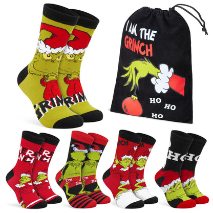 The Grinch Socks for Men & Teens Size 7-11, Pack of 5 or 6 Soft Breathable Crew Socks, Xmas Gifts for Him