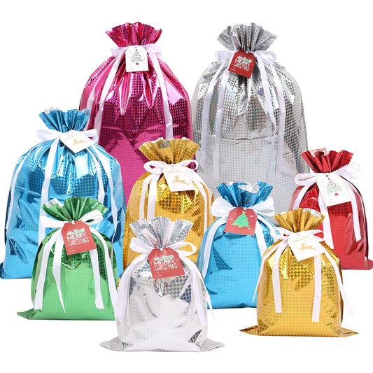 MAMUNU 15PCS Christmas Drawstring Gift Bags, Assorted Sizes Solid Color Goodie Bags Presents Wrapping Bag with Drawstring Ribbons and Tags, Gift Wrapping Bag for Christmas Holiday Birthday Party