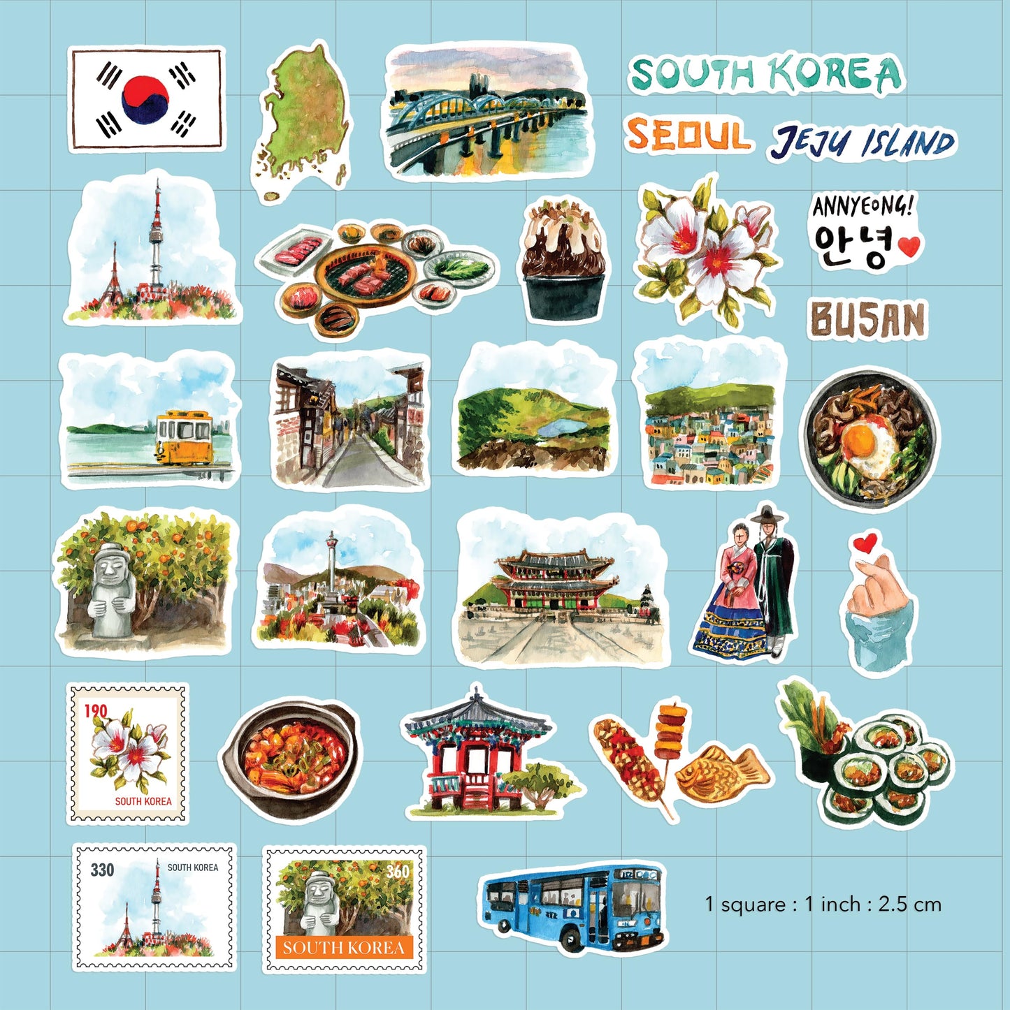 Navy Peony Scenic South Korea Travel Stickers (30pcs) - Hand-Illustrated, Seoul, Korean Decals for Journals, Scrapbooks, Water Bottles