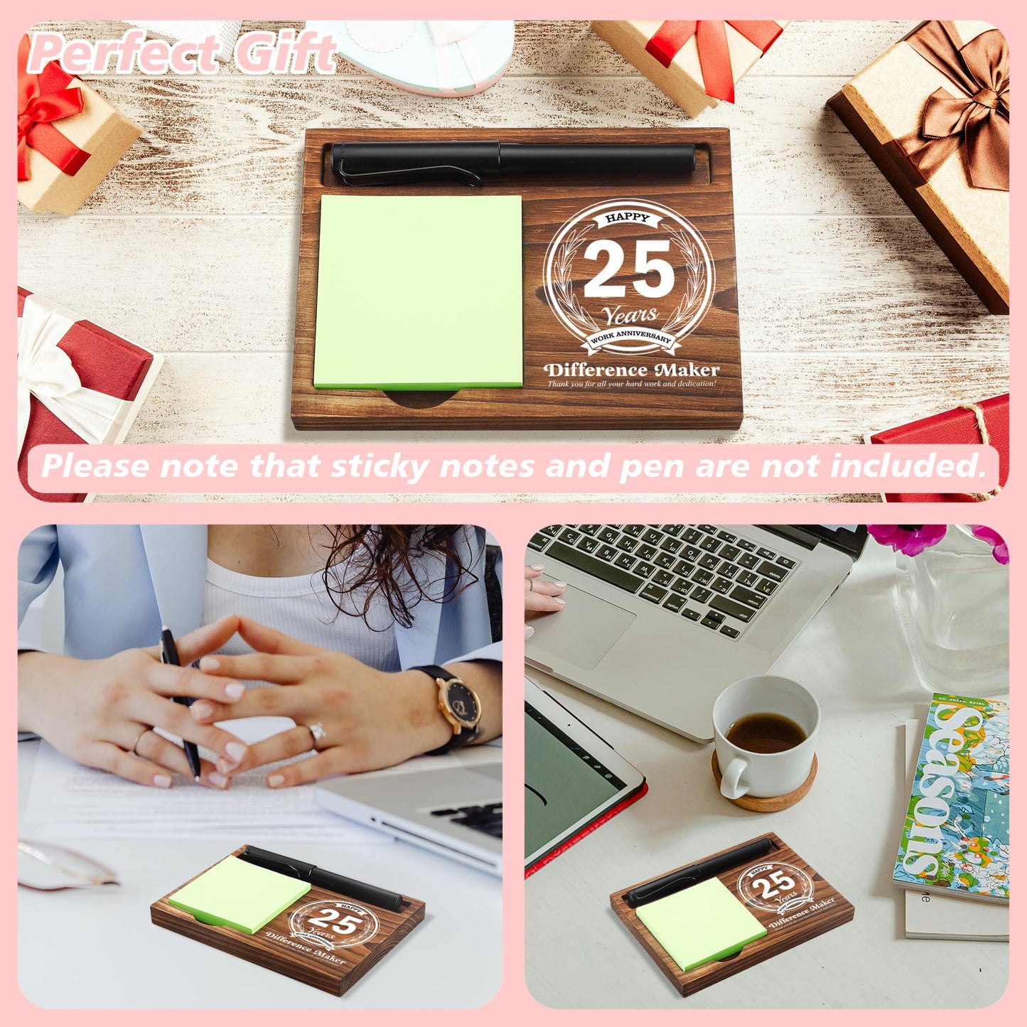 25th Work Anniversary Sticky Note Holder Wooden Notepad & Pen Holder 6.5" x 4.7" Sticky Note Pad Holder Dispenser for Desk Difference Maker Work Appreciation Gifts, NPA231